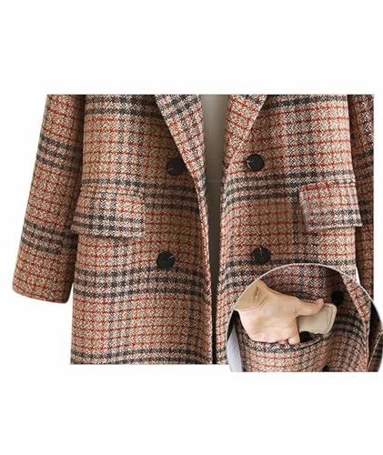 Women's Plaid Trench Coat Double Breasted Long Peacoat Winter Camel Peak Lapel Loose Woolen Jacket Outerwear