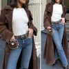 Womens Faux Suede Long Trench Coat Notched Lapel Double Breasted Pea Coat Overcoat with Belt