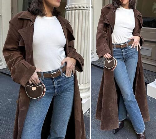 Womens Faux Suede Long Trench Coat Notched Lapel Double Breasted Pea Coat Overcoat with Belt
