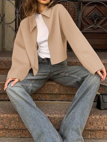 Womens Cropped Pea Coats Zip Up Short Casual Bomber Wool Blend Jackets Barn Fall Outerwear with Pockets