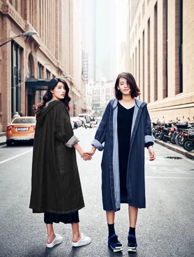Women's Casual Hooded Denim Jacket Open Front Loose Fit Boyfriend Jean Long Trench Coat with Hood