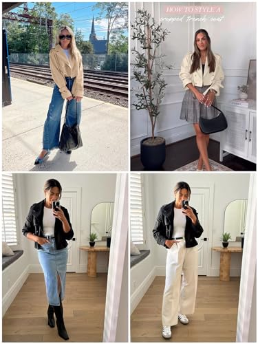 Womens Lapel Trench Coat Double Breasted Cropped Jacket Casual Outwear with Belt