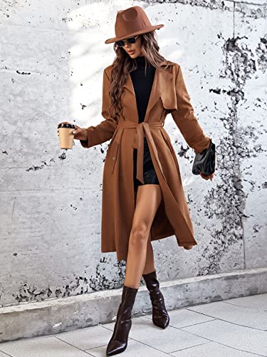 Women’s Long Sleeve Jackets Short Coats Lapel Neck Belted Slant Pocket Coat
