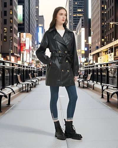Women Faux Leather Long Jacket,Double Breasted Spring Fall Pleather Casual Lapel Mid Length Trench Coat with Belt