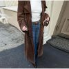 Womens Faux Suede Long Trench Coat Notched Lapel Double Breasted Pea Coat Overcoat with Belt