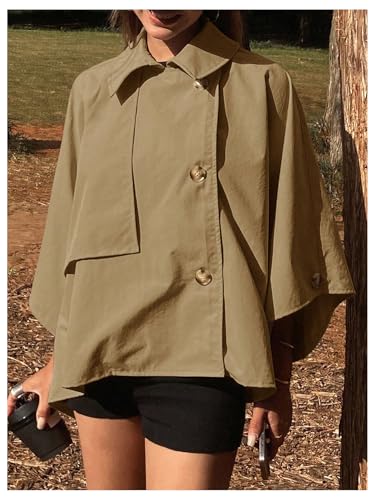 Women's Button Down Jacket Collared Long Sleeve Cloak Poncho Cape Trench Coat