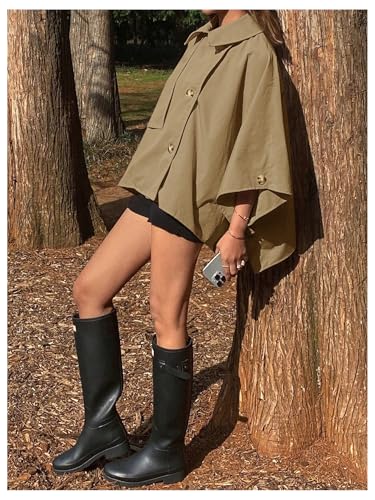 Women's Button Down Jacket Collared Long Sleeve Cloak Poncho Cape Trench Coat
