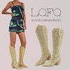 Sparkly Cowgirl Boots for Women Side Zipper Tall Wide Calf Western Knee High Cowboy Boots Chunky Heels Glitter Sequin Party