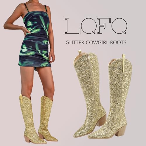 Sparkly Cowgirl Boots for Women Side Zipper Tall Wide Calf Western Knee High Cowboy Boots Chunky Heels Glitter Sequin Party