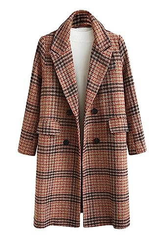 Women's Winter Oversize Lapel Collar Woolen Plaid Double Breasted Long Peacoat Jacket