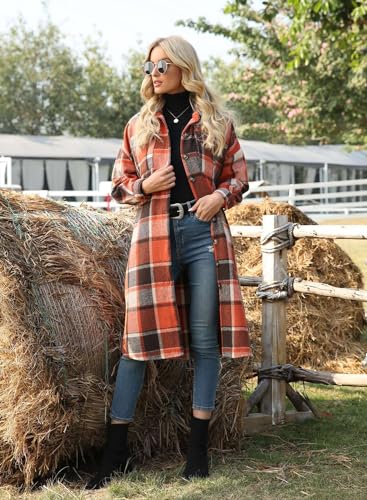 Women's Lounge Lapel Button Up Long Sleeve Plaid Long Shirt Jacket Shacket