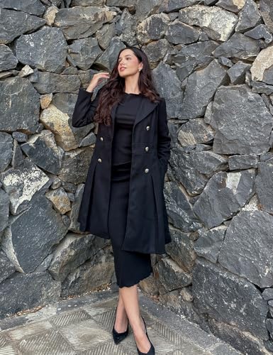 2024 Women's Fashion Trench Coat Notch Lapel Double Breasted Thick A Line Pea Coats Jacket with Pockets(S-2XL)