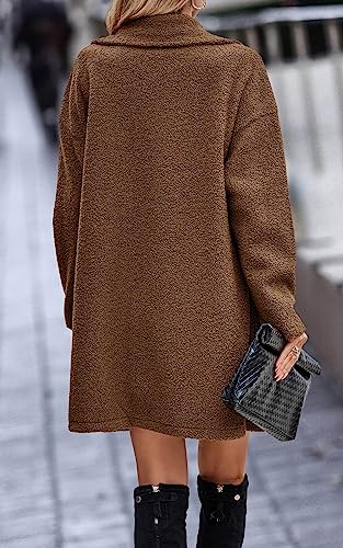 Women Long Sherpa Coat - Fuzzy Faux Fur Trench Jackets Winter Fleece Button Cardigan with Pockets